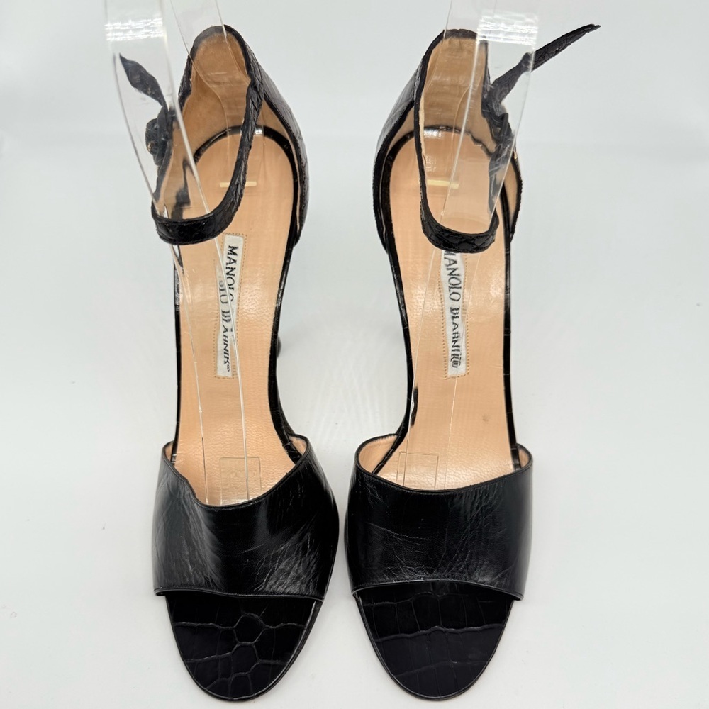 Manolo Blahnik Black Crocodile embossed leather strappy high heel sandals EU 39 - Picture 2 of 7
